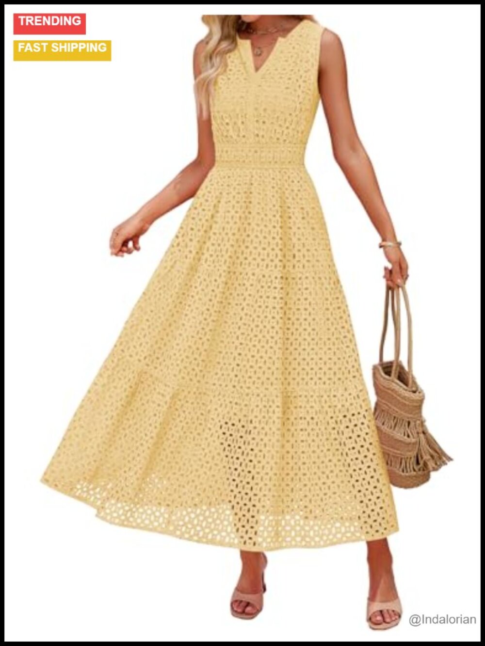 Sleeveless V Neck Eyelet A Line Flowy Maxi Dress